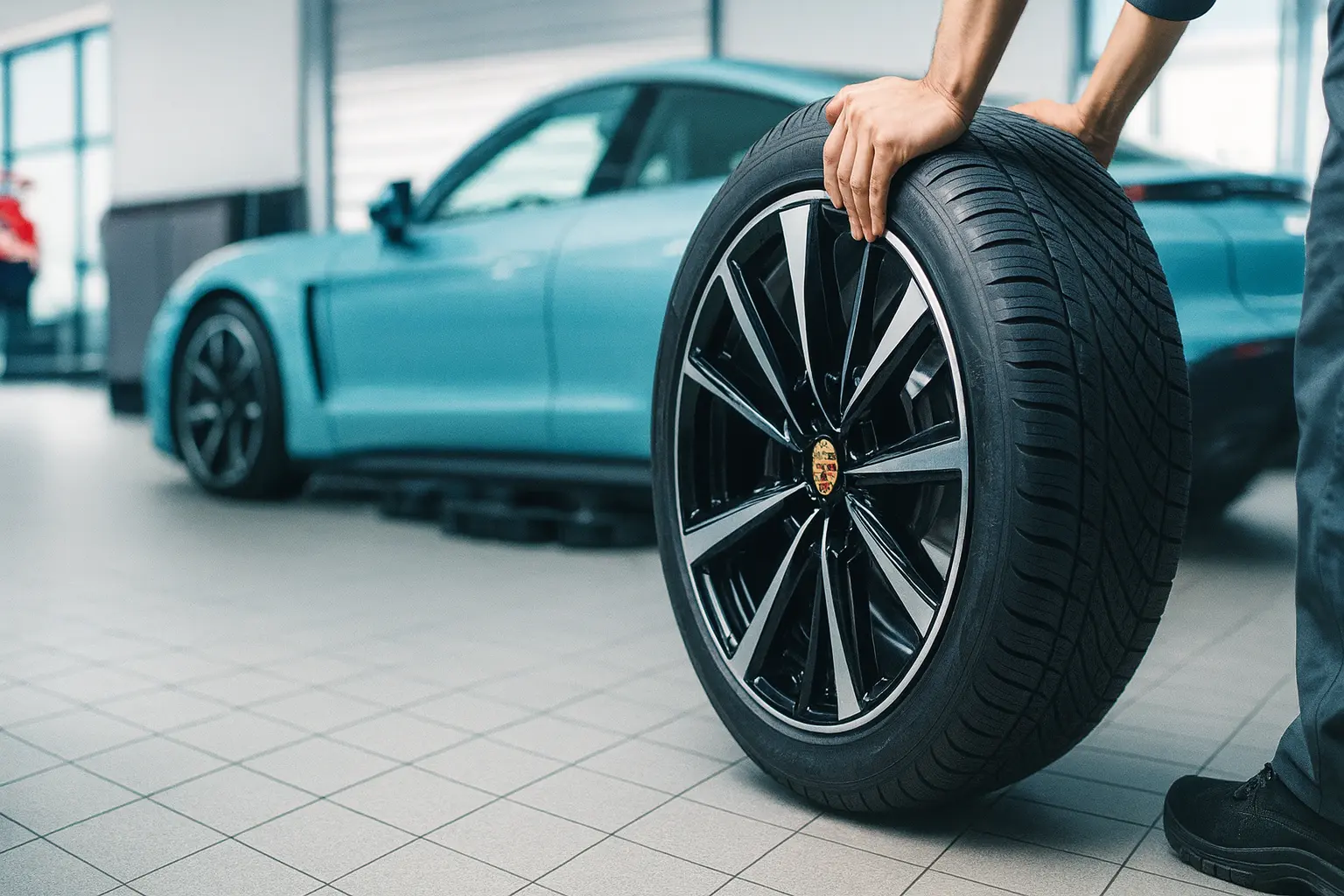 Samochód na podnośniku podczas sezonowej wymiany opon w RapidOpony